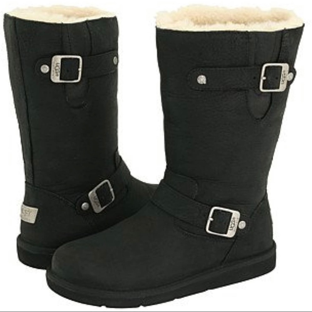 UGG KENSINGTON BIKER BLACK SHEARLING BUCKLE 5678 BOOTS Sz 6
